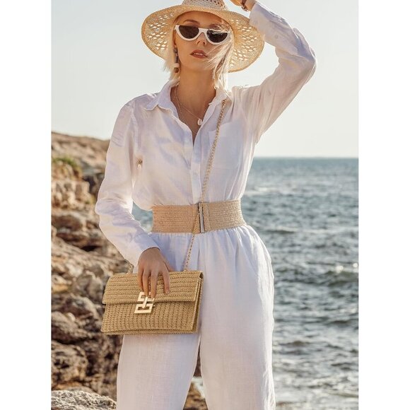 🆕Women Khaki Straw Woven Beach Bag Boho Raffia Crossbody Clutch Shoulder Purse - Picture 6 of 6